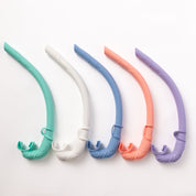 The Honey Snorkel Kit by Honey Swim includes five snorkels and matching goggles, displayed on a white background in green, white, blue, pink, and purple. Each features a curved design and textured mouthpiece for a panoramic view.
