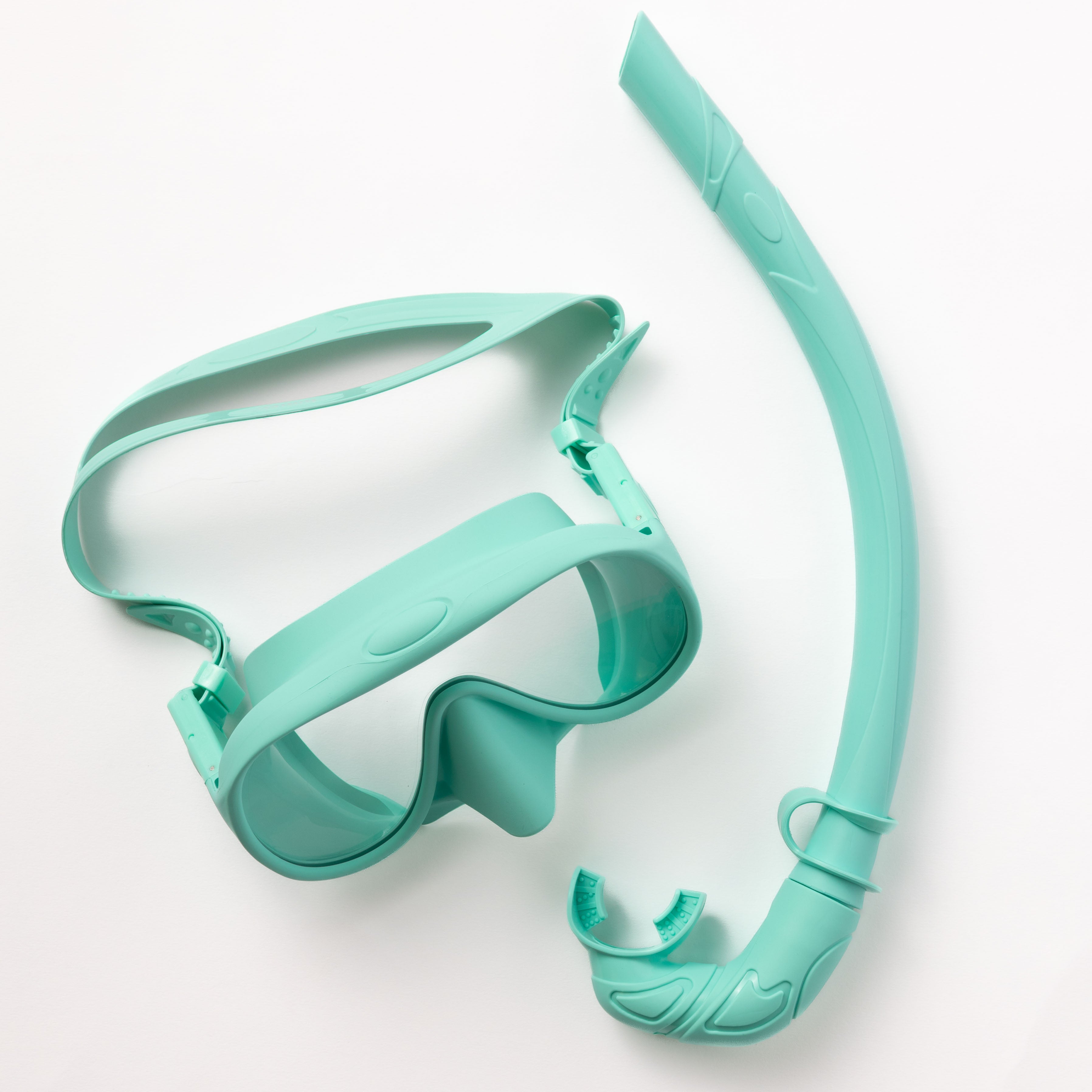 The Honey Swim Teal Snorkel Set features a snorkeling mask with a wide strap for a 180-degree view and a matching leak-proof snorkel tube, both set against a white background.