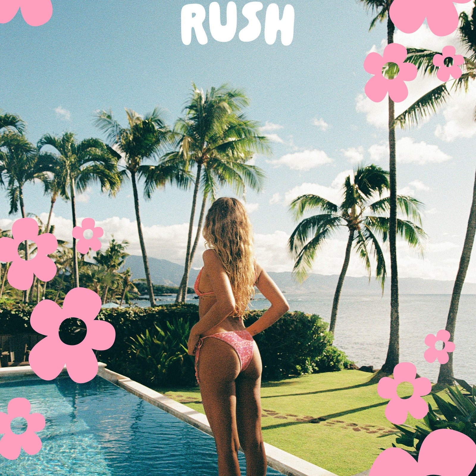 A woman in a pink bikini stands by a pool overlooking the ocean, surrounded by palm trees, with playful pink flower graphics and the words tropical RUSH above her.