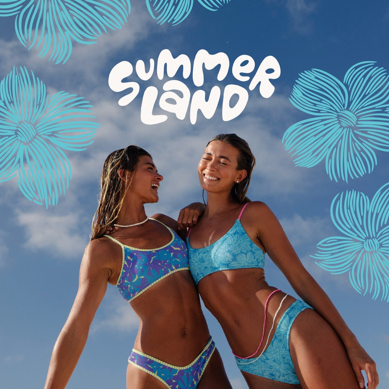 Two women in colorful bikinis smile and pose on a sunny beach. The sky is blue with floral graphics and SUMMER LAND written in playful white letters at the top.