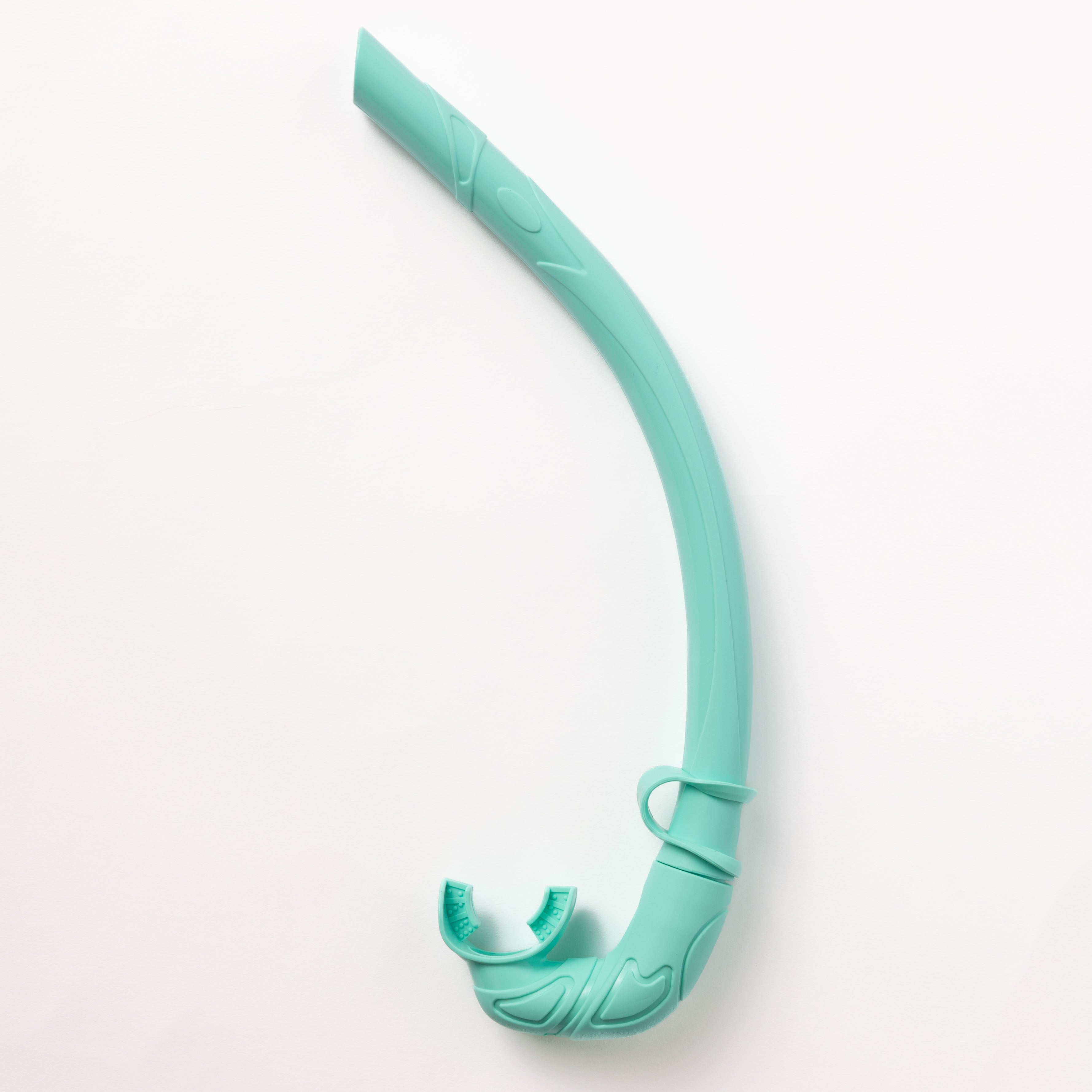 The Honey Snorkel by Honey Swim features a turquoise curved design and mouthpiece, travel-friendly strap holder, and smooth detailing, ideal for pairing with your Honey Goggles on your next adventure.