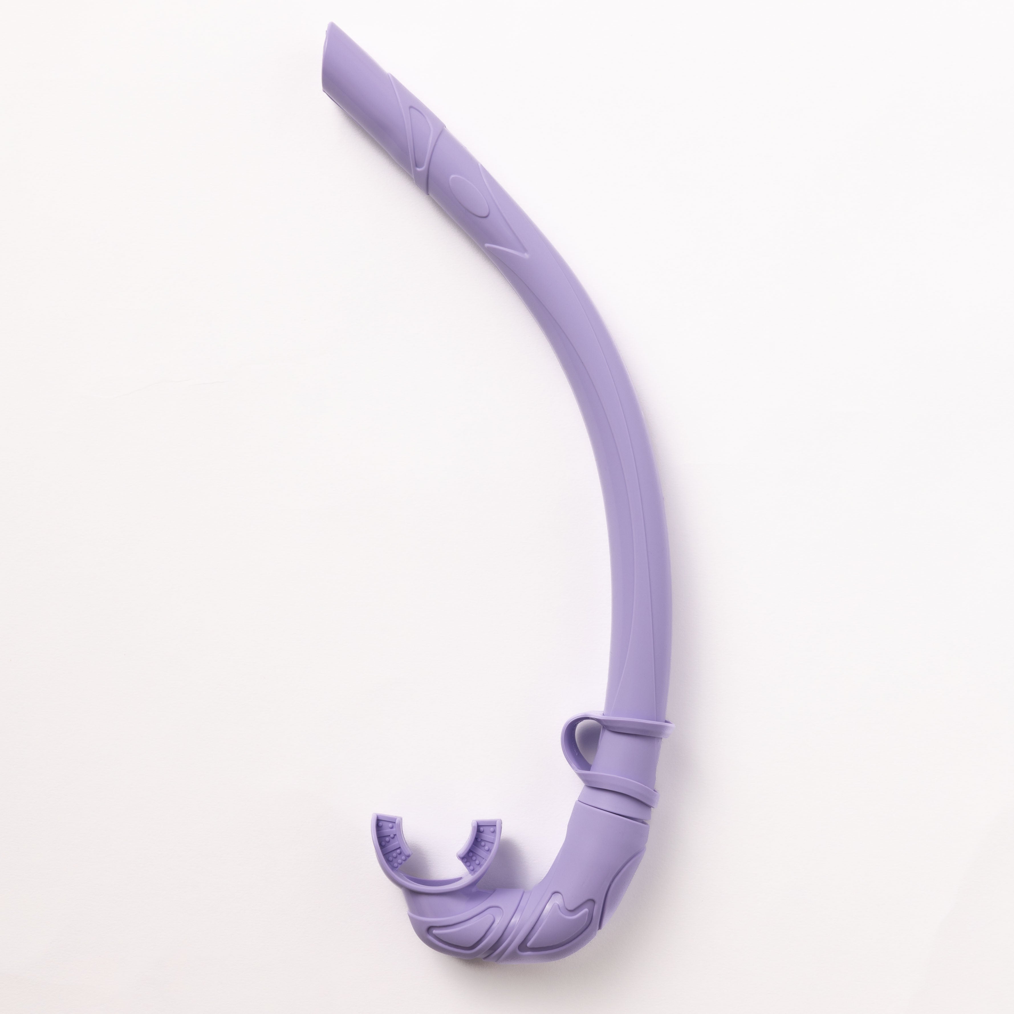 Close-up of the travel-friendly Honey Snorkel by Honey Swim in purple, featuring a flexible, curved design with a mouthpiece and embossed patterns, set against a plain white background.