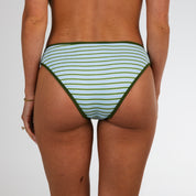 A person is shown from the back wearing Honey Swims Piper Ribbed Full Coverage Bottoms in green and white stripes against a plain white background.